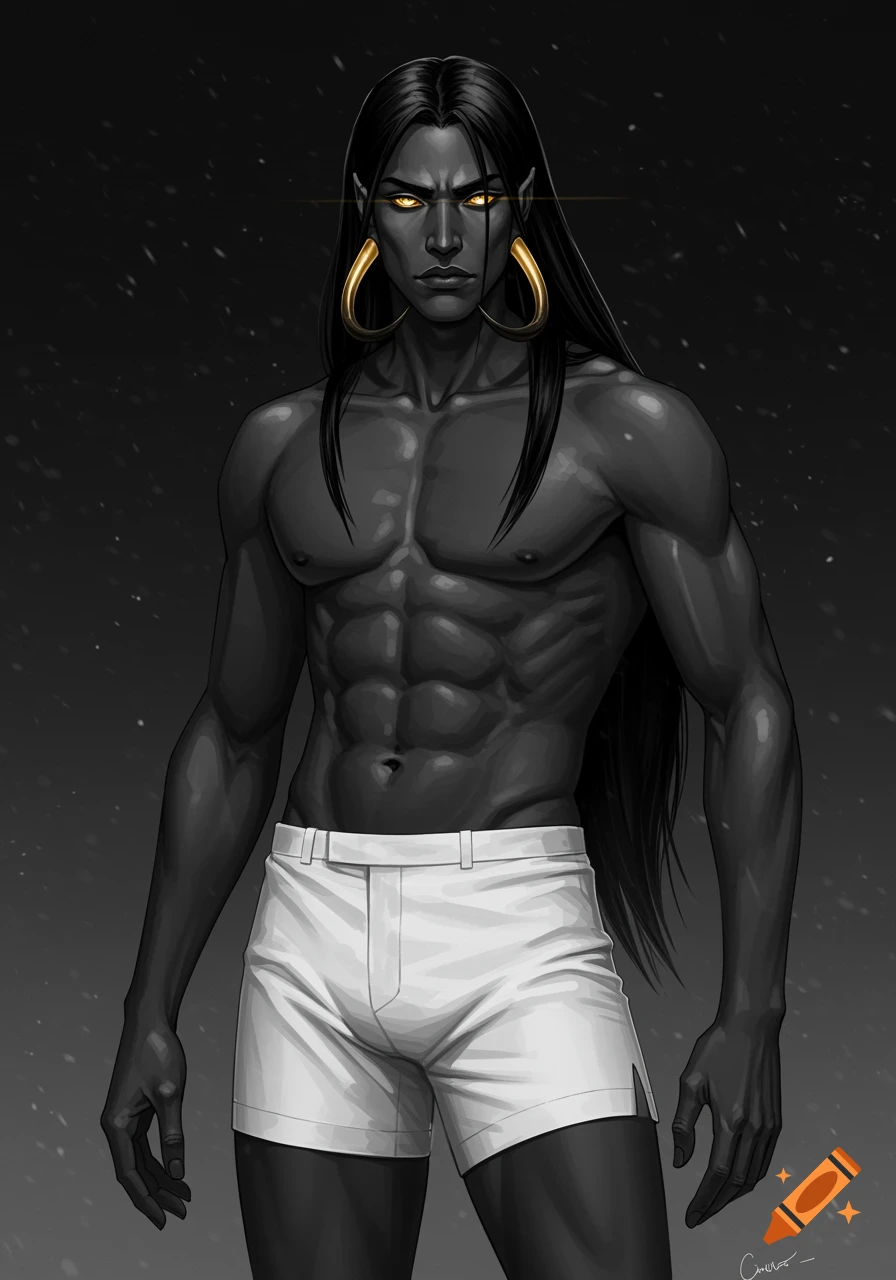 Muscular dark-skinned man with long black hair, glowing gold eyes, and large gold hoop earrings, wearing white shorts, in a digital art style.