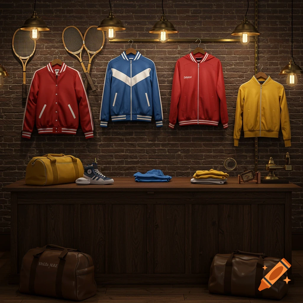 Vintage sportswear shop display with jackets, tennis rackets, sneakers, and duffel bags hanging on a brick wall and resting on a wooden counter.