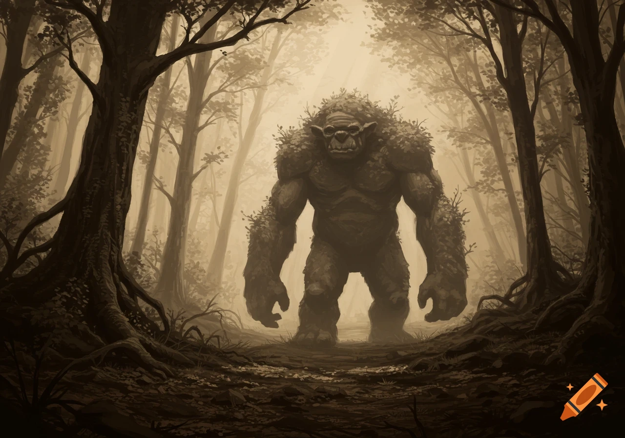 A large, moss-covered troll stands in a misty, sepia-toned forest.