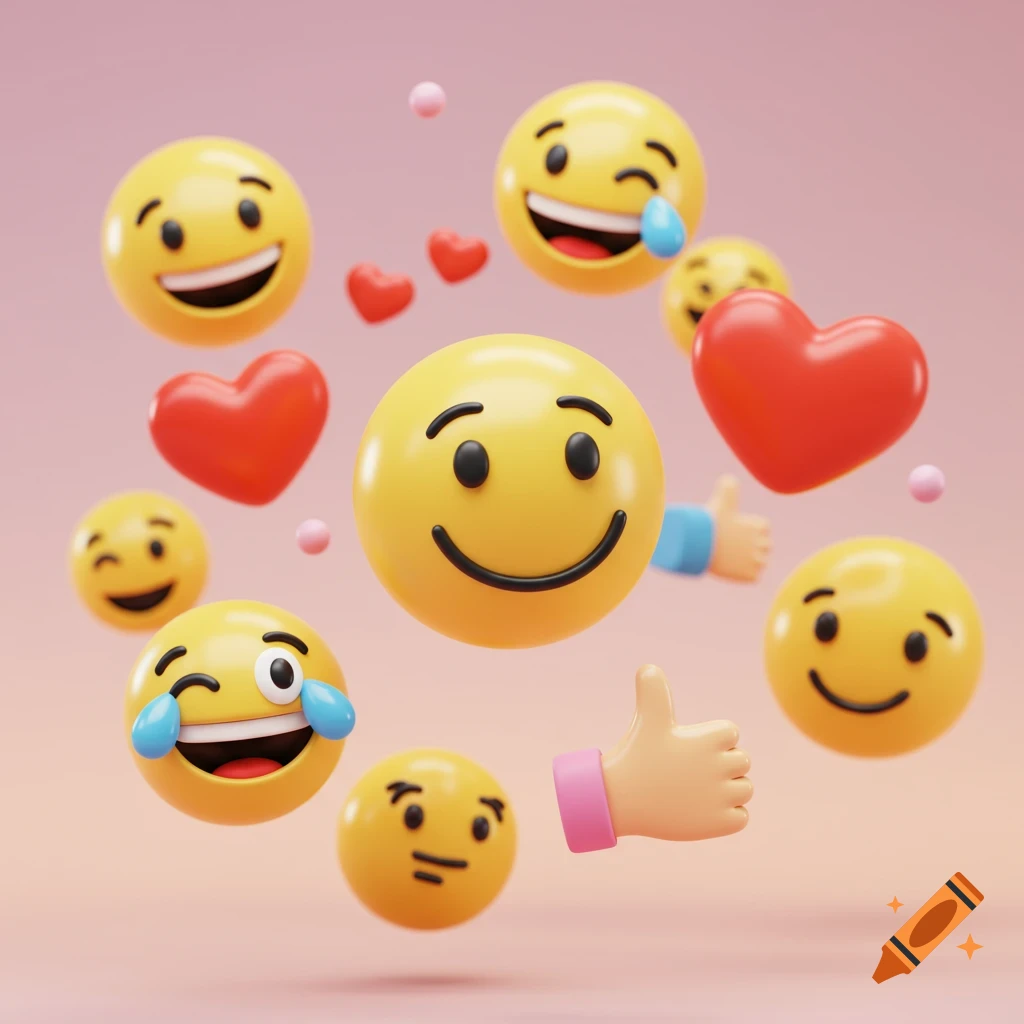 A collection of yellow 3D emojis with various expressions, red hearts, and thumbs-up signs floating on a soft pink background.
