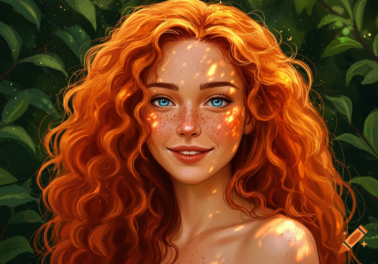 A smiling young woman with vibrant red curly hair, bright blue eyes, and freckles, dappled in sunlight against a lush green background.
