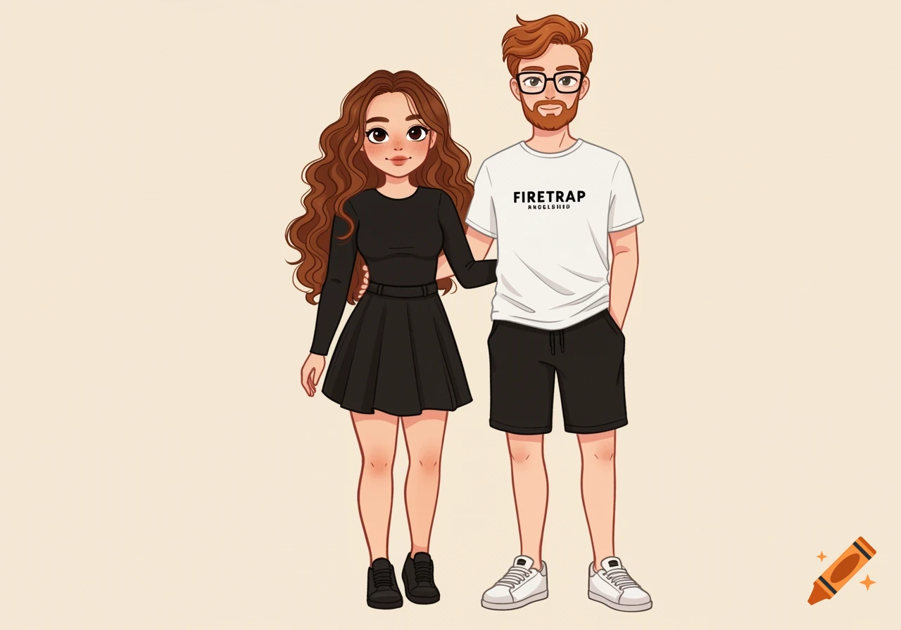 Cartoon illustration of a couple: a woman with brown hair in a black dress, and a man with ginger hair, glasses, white t-shirt, and black shorts.
