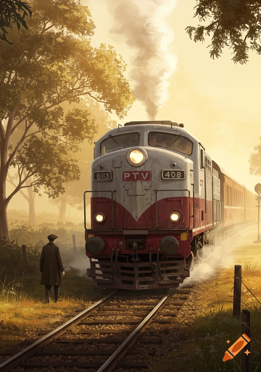 A vintage-style train with a bright headlight approaches a lone person standing by the tracks in a golden, misty landscape at sunrise.