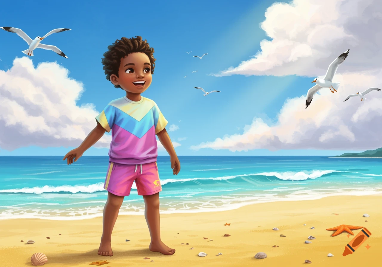 A smiling boy with curly hair stands on a sunny beach, wearing colorful shorts and a t-shirt, looking out at the turquoise sea with seagulls flying overhead.