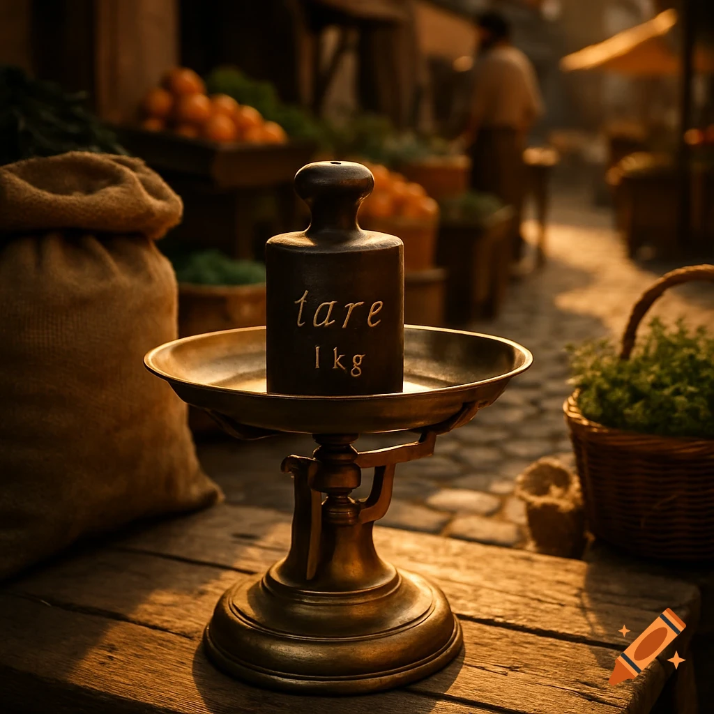 A close-up, photorealistic view of a brass antique scale with a dark cylindrical weight marked 'tare 1 kg' on it, set in a bustling market.