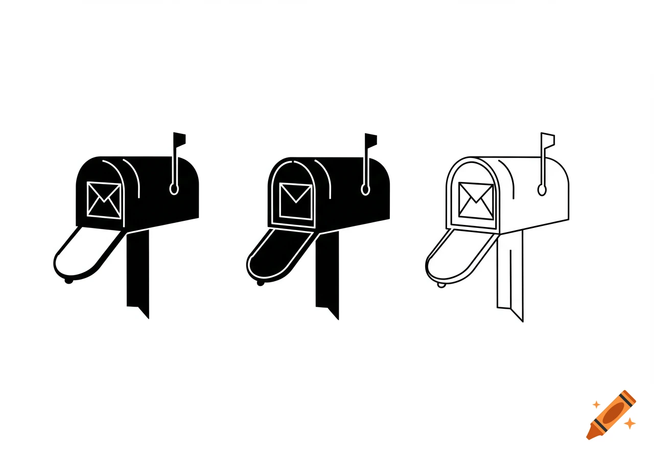 Three black and white mailbox icons with open lids, depicted side-by-side in a simple, clean graphic style.