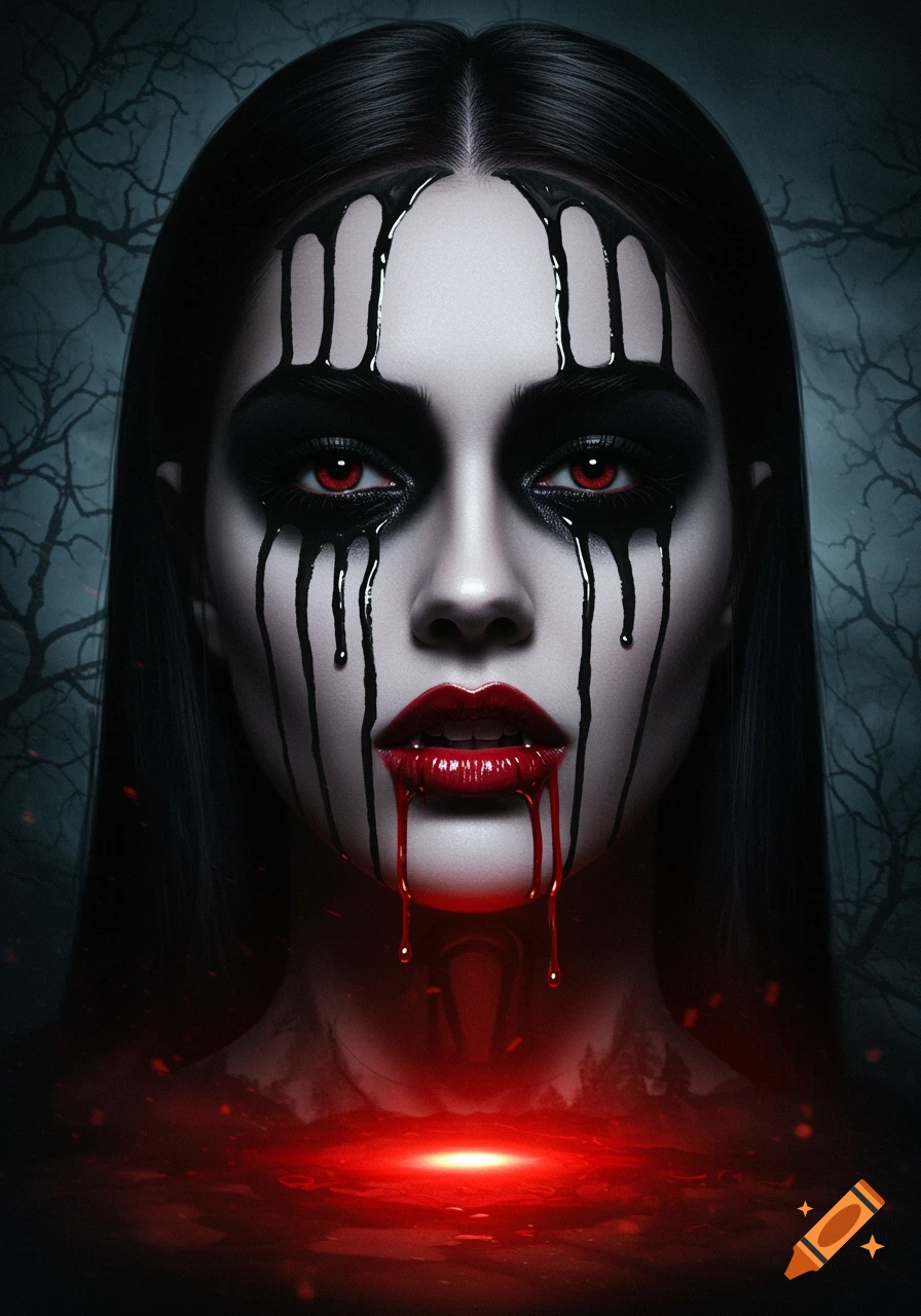 A pale vampire woman with black dripping makeup, red eyes, and blood dripping from her mouth, on a dark background.