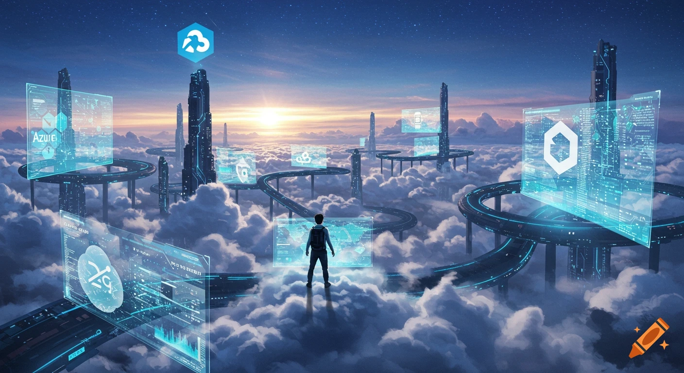 A person stands on clouds in a futuristic cityscape, surrounded by towering buildings and floating holographic screens displaying data and a prominent Azure logo, under a starry sky with a setting sun.