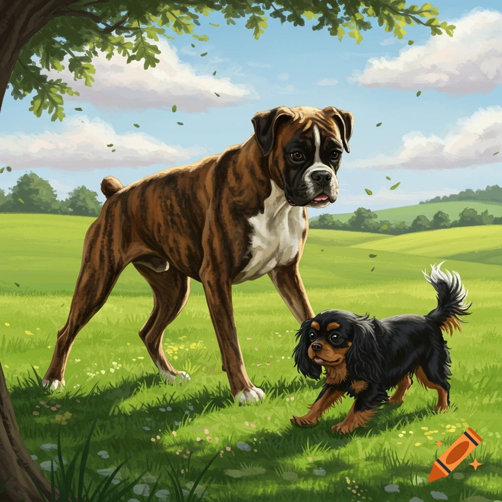 An illustrative painting of a brindle boxer and a black and tan King Charles Cavalier walking in a sunny green field.