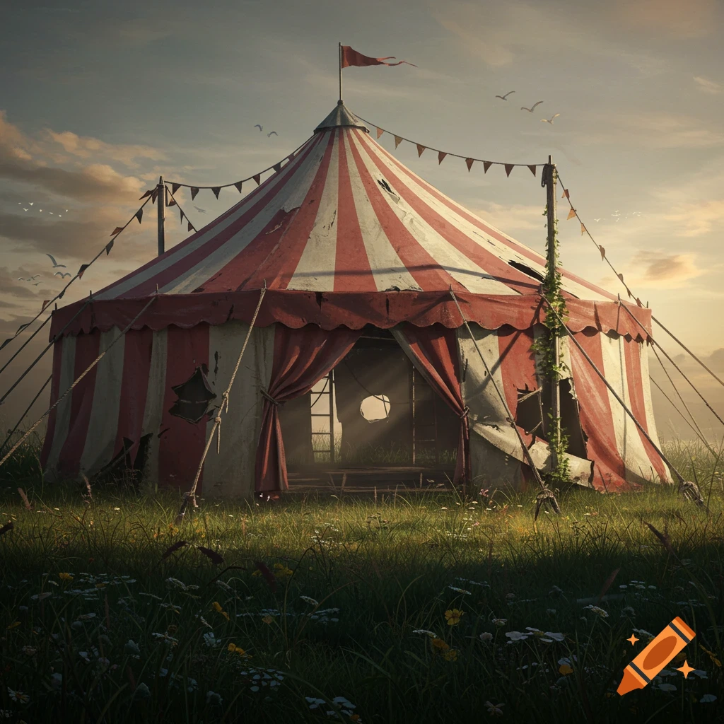 An old, tattered red and white striped circus tent stands in a grassy field under a dramatic sky with birds flying.