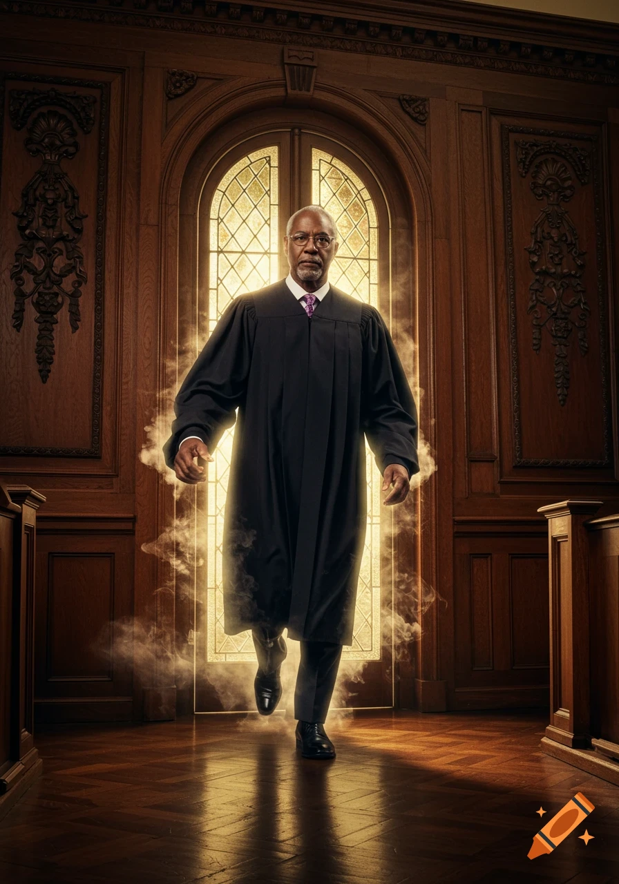 A photorealistic image of an African American judge walking through a glowing arched doorway in a grand, wood-paneled courtroom, surrounded by smoke.