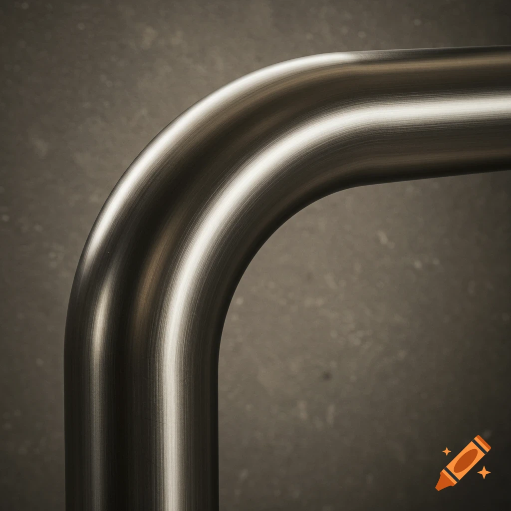 A close-up of a curved, brushed stainless steel pipe against a dark, textured background.