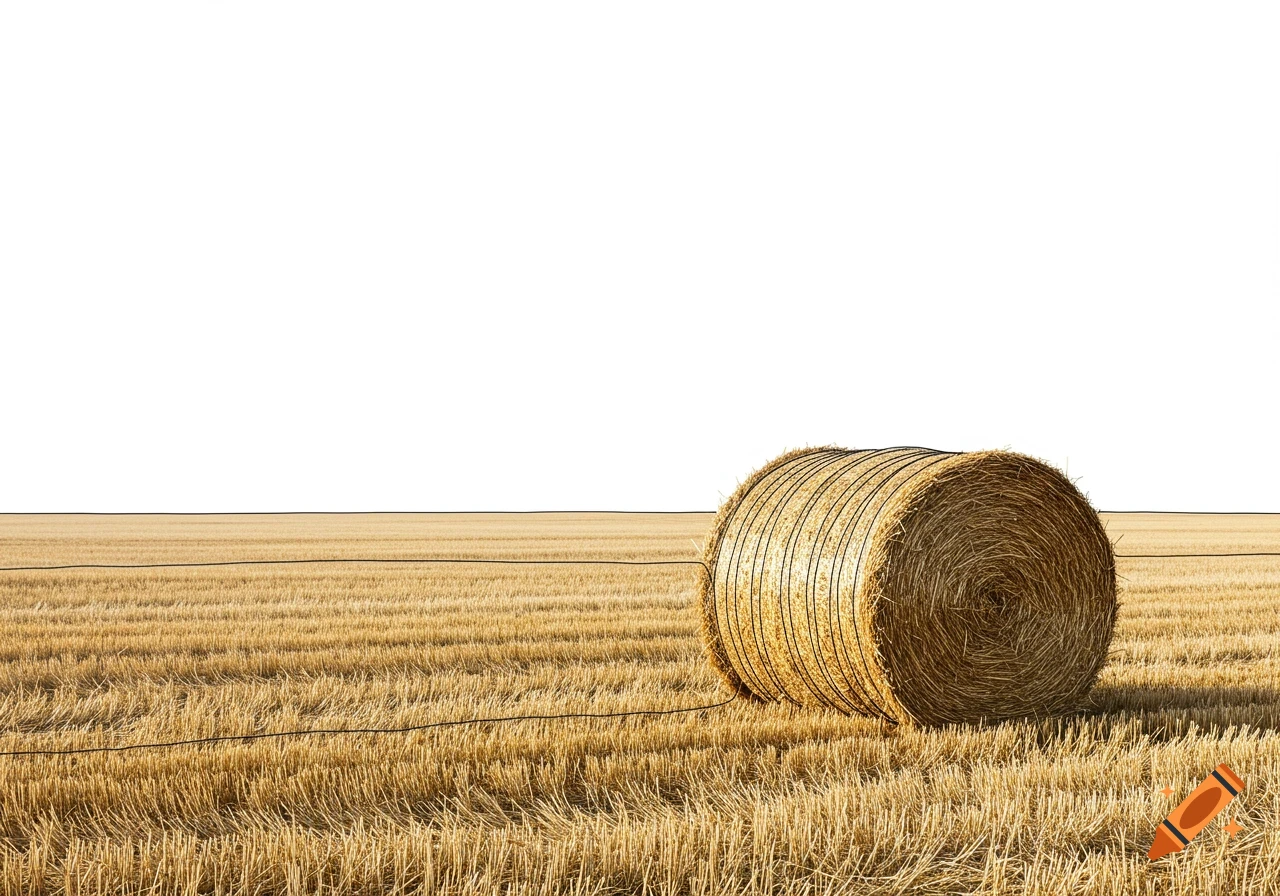 A single round hay bale sits in a golden field under a bright white sky.
