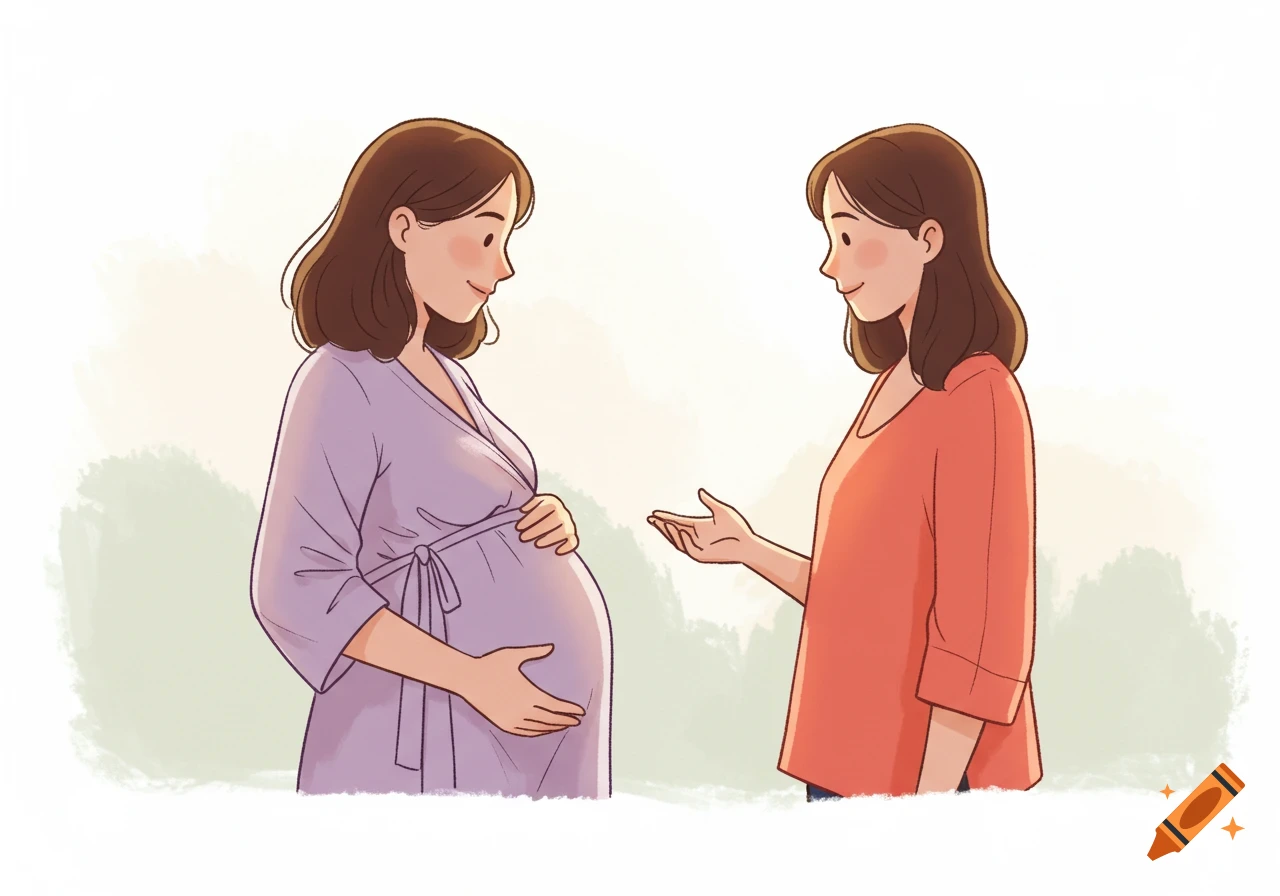 An illustration of a pregnant woman holding her belly, facing and talking to a female friend.