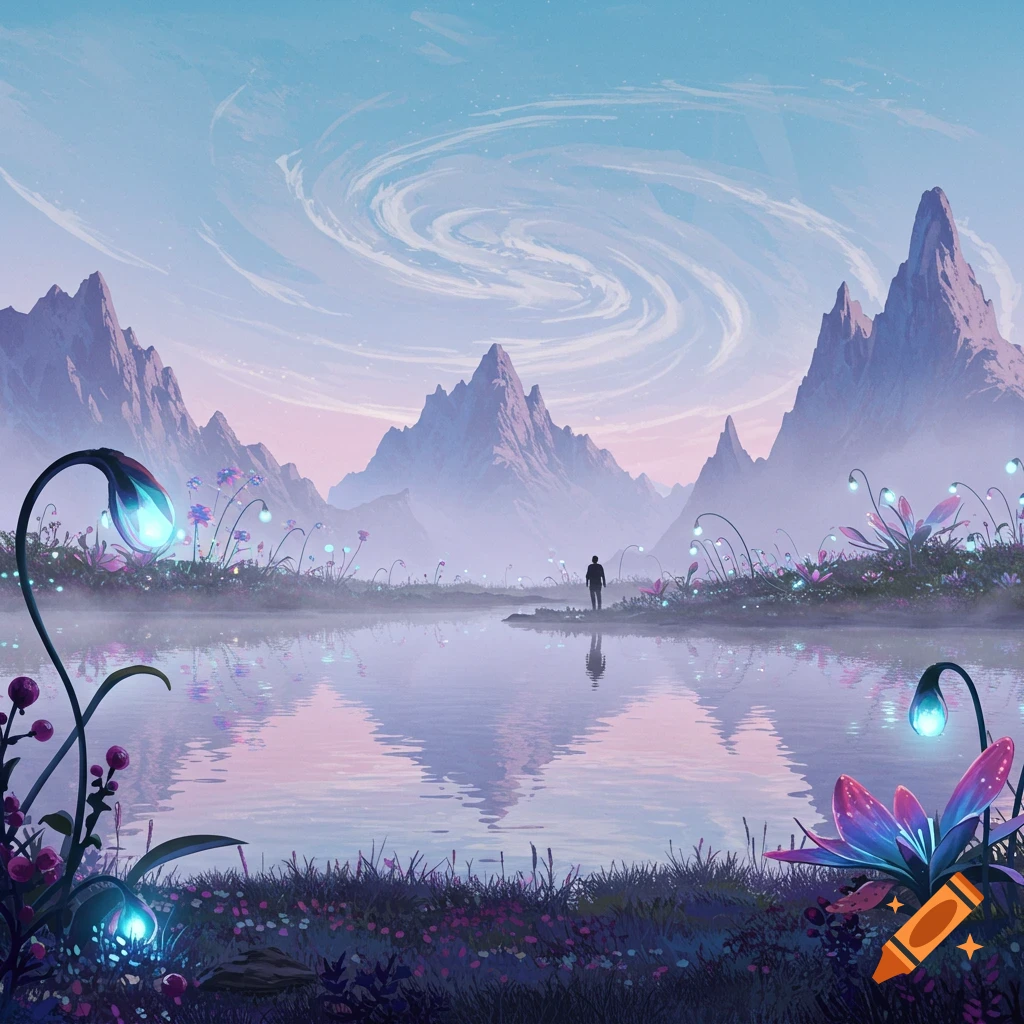 A fantastical landscape with a lone figure by a misty lake, surrounded by glowing alien plants and mountains under a swirling sky.
