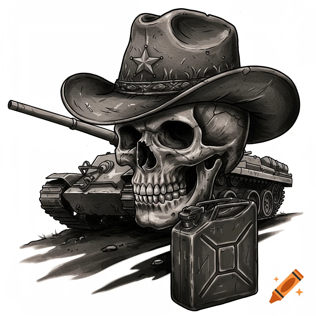 A black and white stylized illustration of a skull wearing a cowboy hat, positioned in front of a military tank, with a fuel can in the foreground.