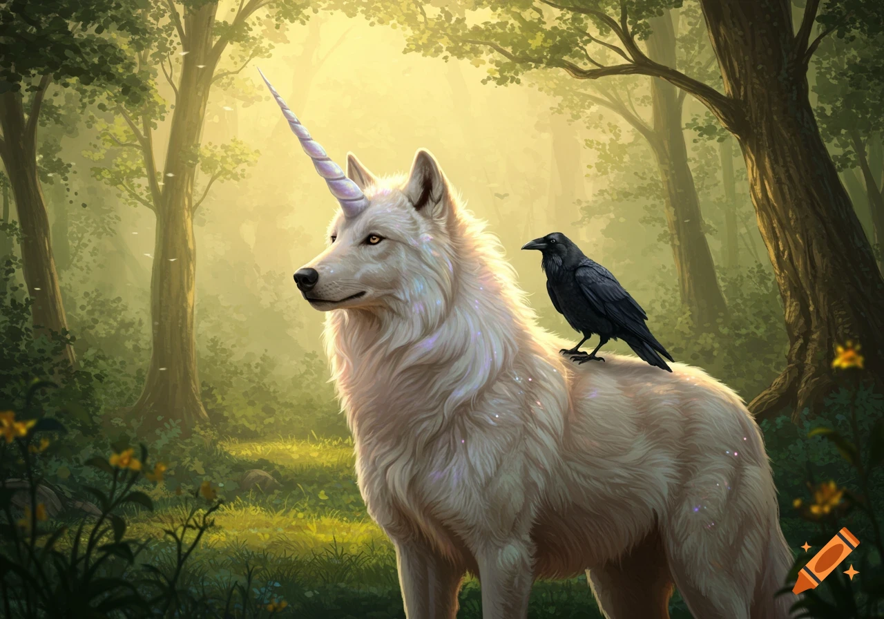 A white unicorn wolf hybrid stands in a mystical forest with a black raven perched on its back, illuminated by slanting sunbeams.