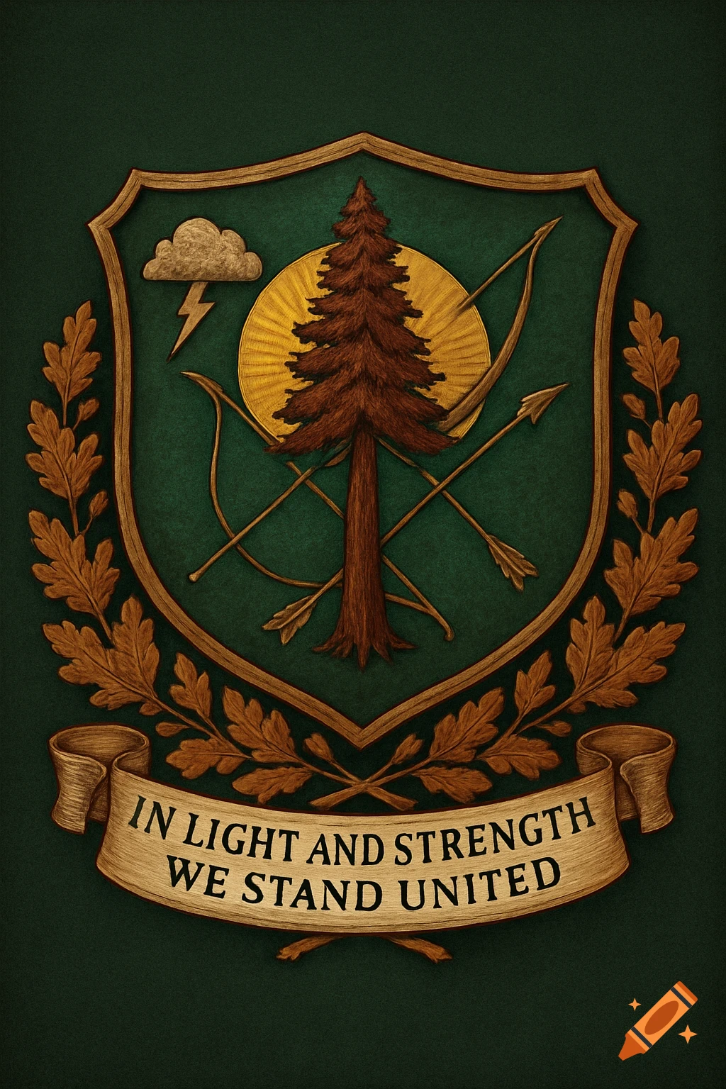 A detailed house crest featuring a redwood tree, golden sun, crossed bow and arrow, and a storm cloud, all surrounded by an oak leaf wreath. A banner below reads 'IN LIGHT AND STRENGTH WE STAND UNITED'.