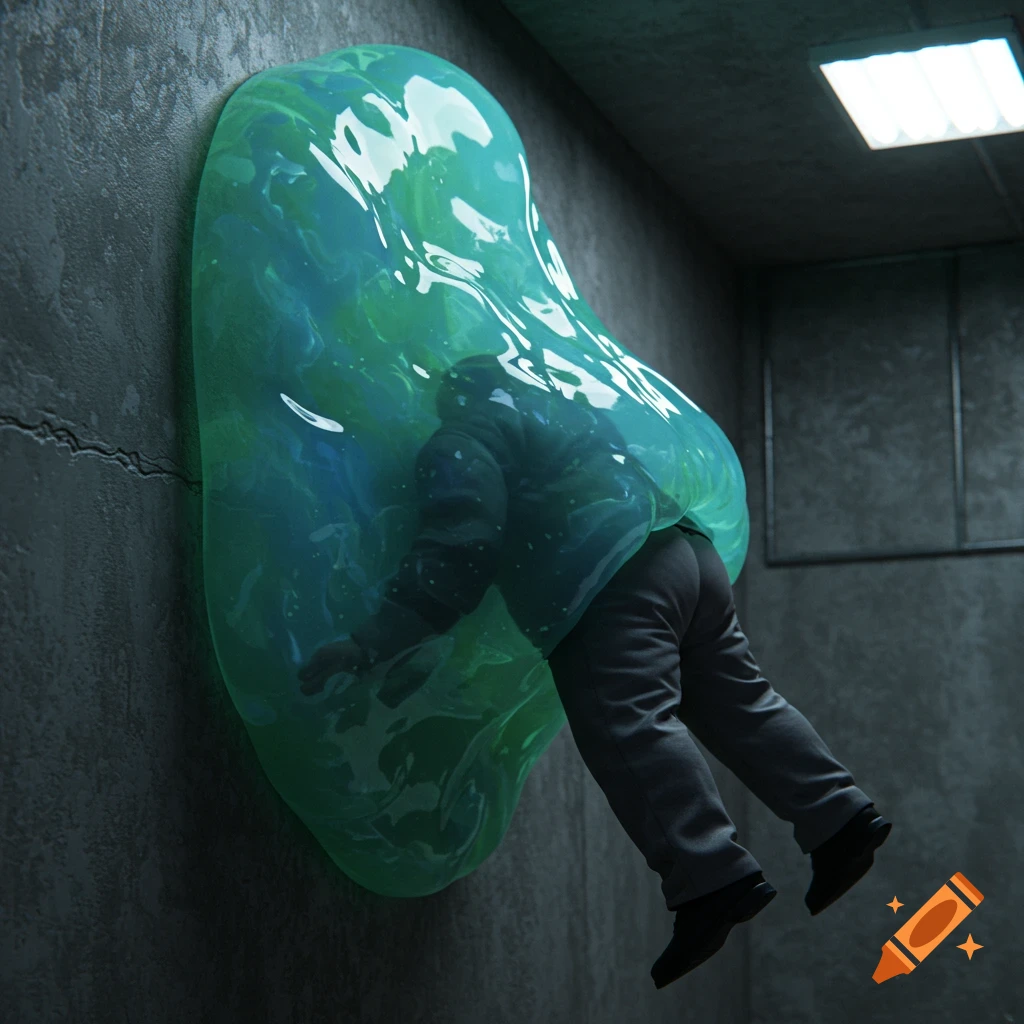 A man is being absorbed into a large, glowing green and blue slime creature clinging to a concrete wall in a dark room.