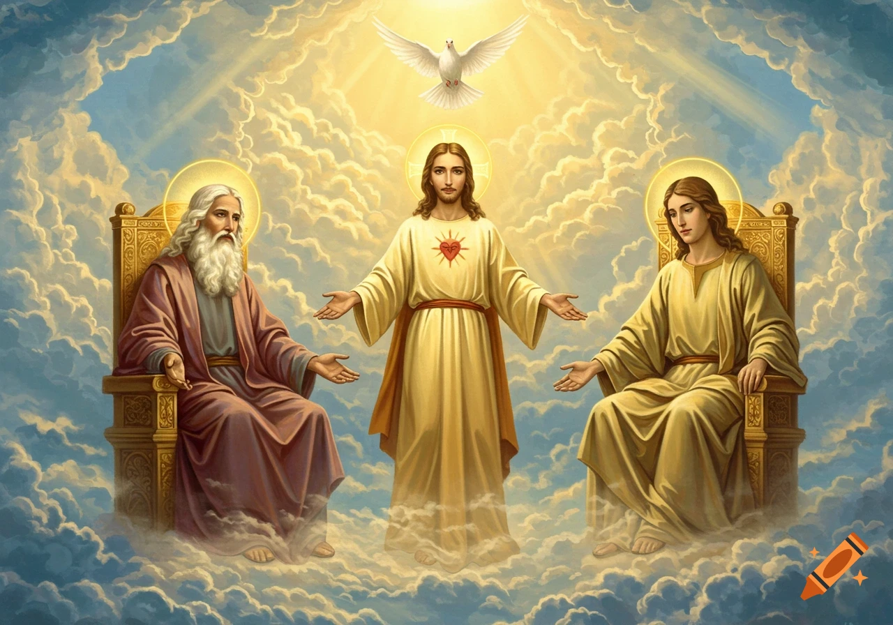 A classical religious painting of the Holy Trinity with God, Jesus, and a dove in a celestial setting of golden clouds and light.