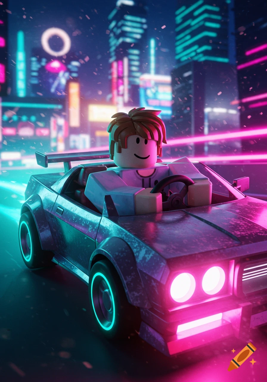 A Roblox character drives a futuristic car through a neon-lit city at night.