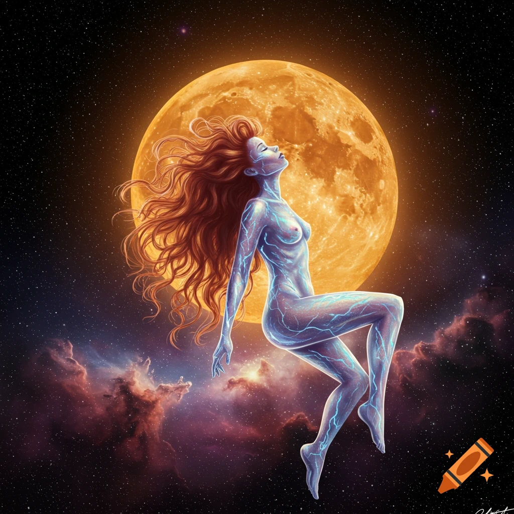 A woman with long red hair and glowing blue veins floats in space before a large orange moon, surrounded by stars and nebulae.