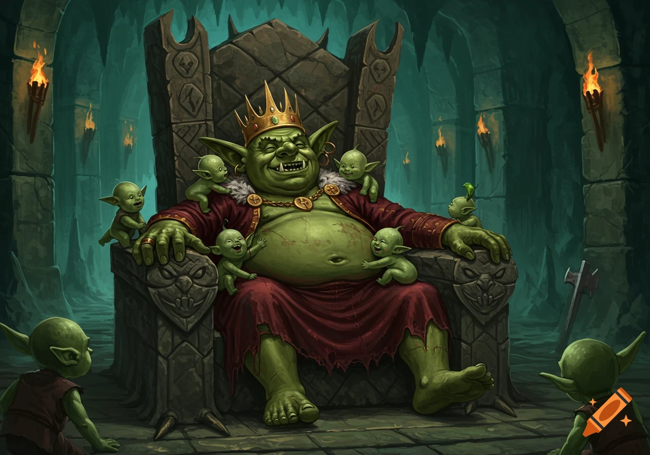 A portly goblin king with a golden crown and red robe sits on a stone throne, surrounded by many small goblin babies in a dimly lit cave.