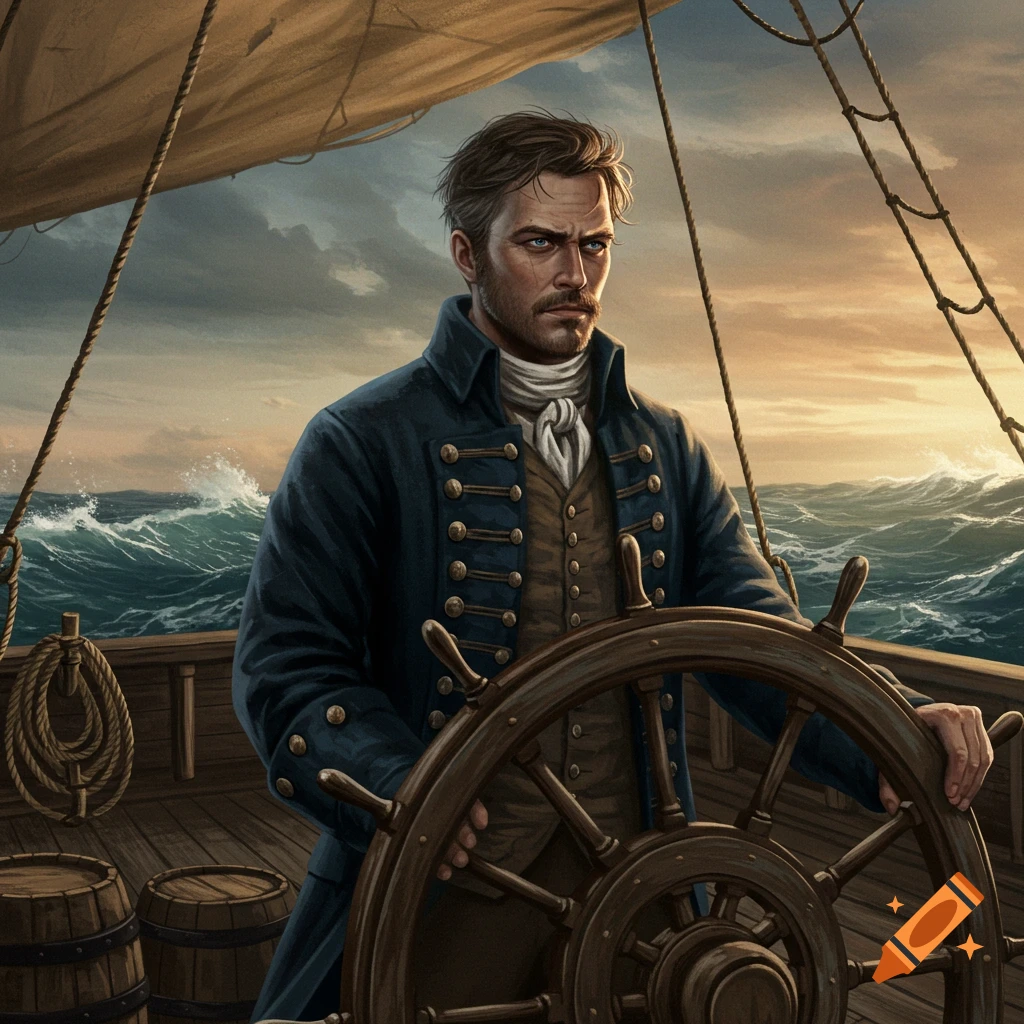 An illustrated 18th-century sailor with a beard steers a ship on a stormy sea at sunset.