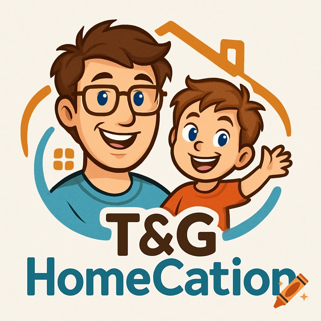A cartoon logo of a smiling dad with glasses and his son, with "T&G HomeCation" text below, set within a house outline.