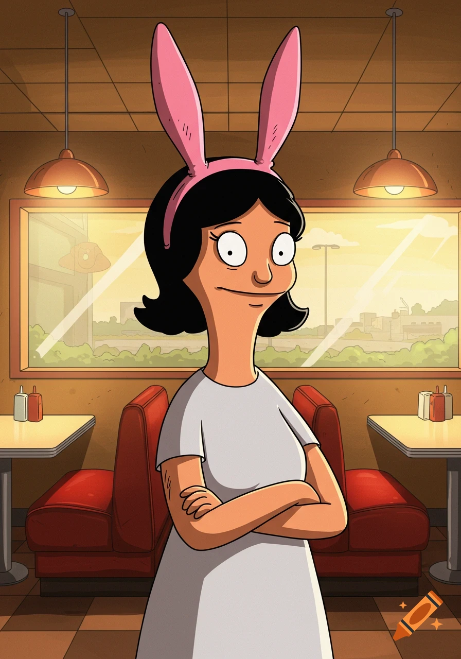 Louise Belcher from Bob's Burgers standing with crossed arms in a diner with red booths and a window view.