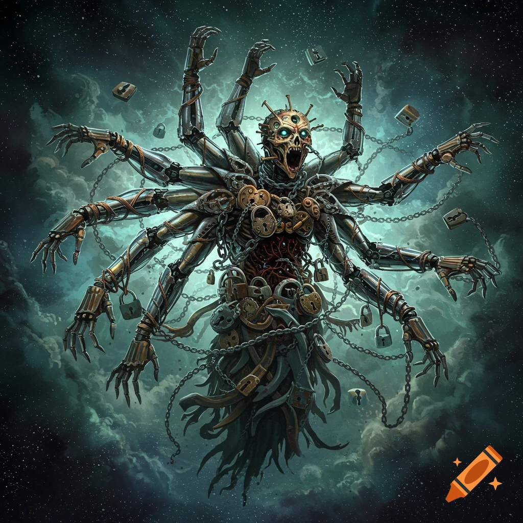 A detailed cosmic horror creature with multiple metallic arms, covered in chains and padlocks, with a skeletal head and exposed organs, against a starry cosmic background.