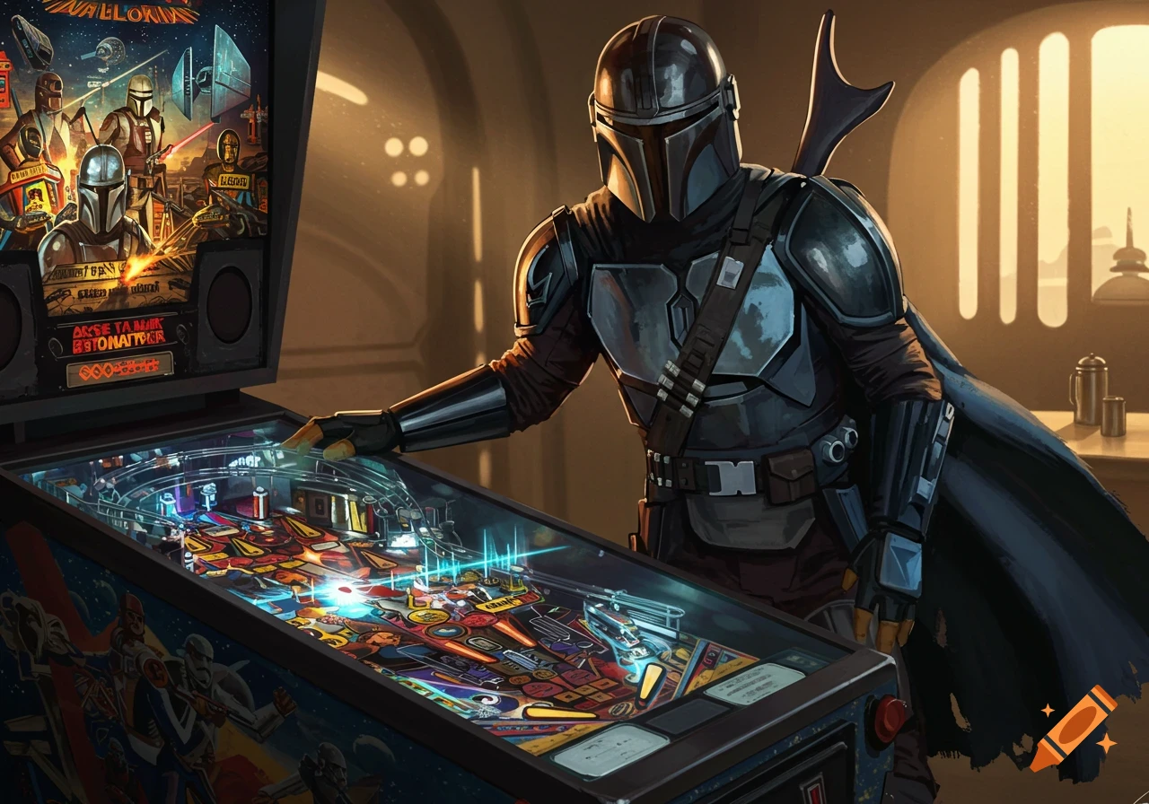 The Mandalorian plays a custom pinball machine in a digital art style.