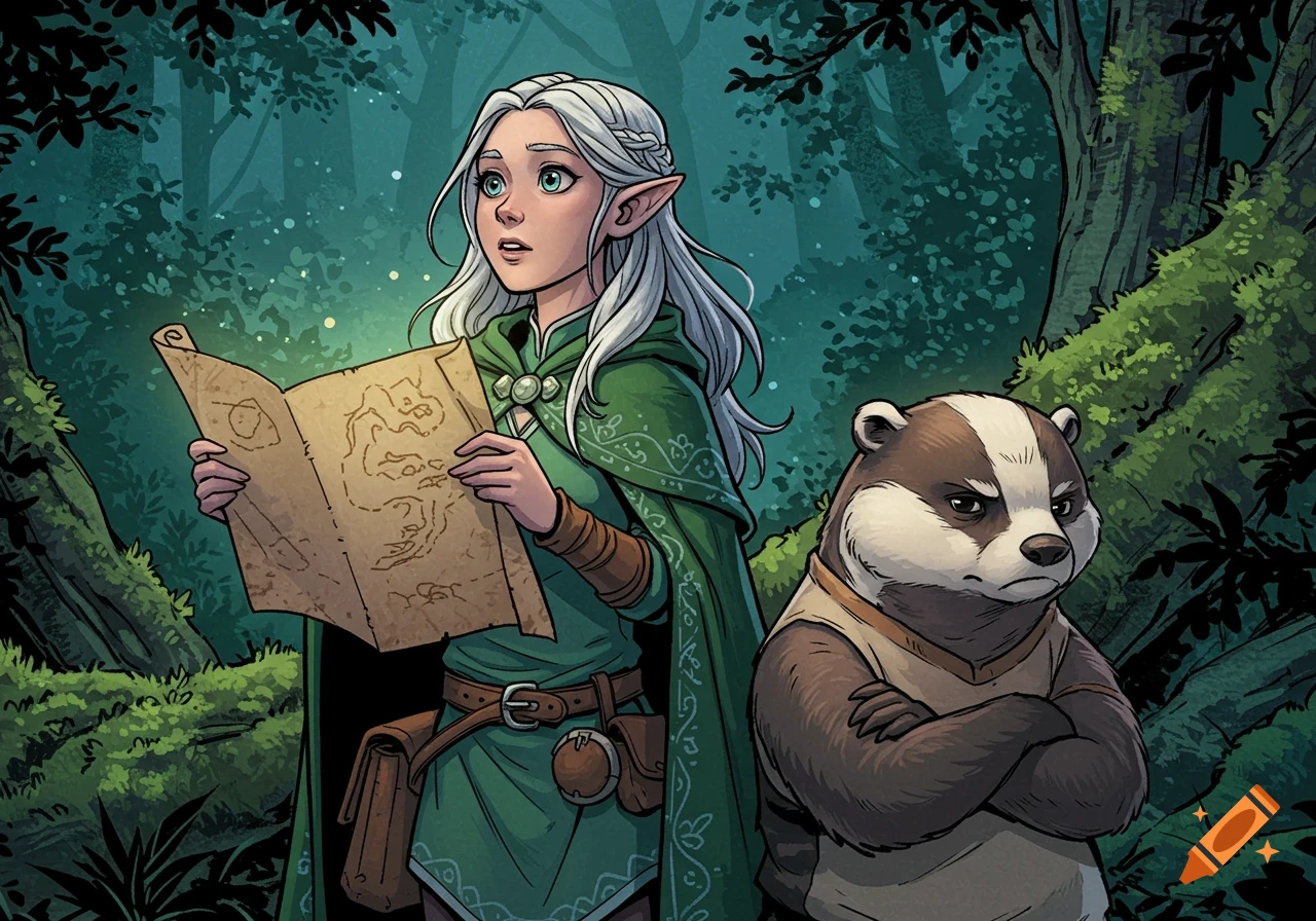 A young elf girl in a green cloak holds a glowing map next to a grumpy badger in a dark forest, comic style.