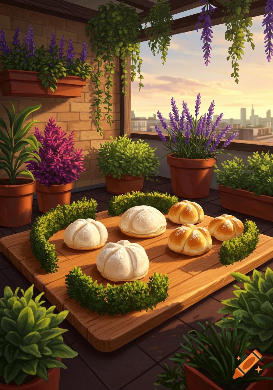 A stylized illustration of a balcony garden with various potted plants and lavender, showcasing baked buns on a wooden board.