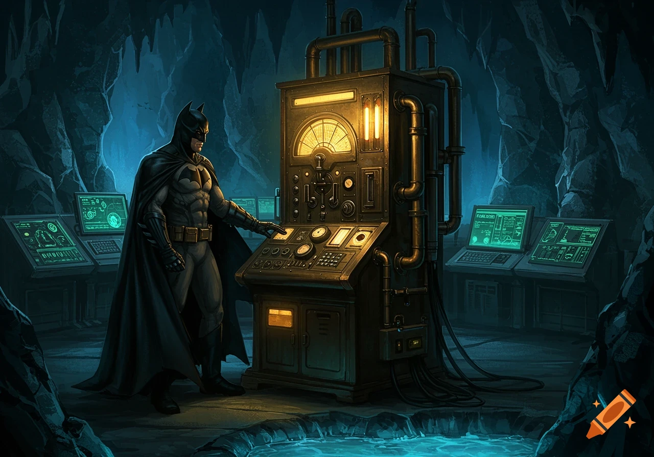 Batman in a dark cave stands next to a large, glowing retro-futuristic machine with monitors displaying data.