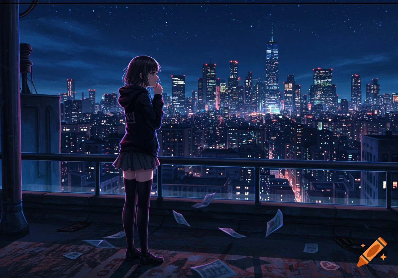 An anime girl in a black hoodie and gray skirt stands on a rooftop at night, overlooking a futuristic city skyline.