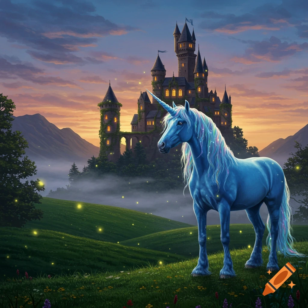 A majestic blue unicorn with a flowing rainbow mane and tail stands in a mystical green field with glowing fireflies, a grand medieval castle illuminated at sunset in the background.