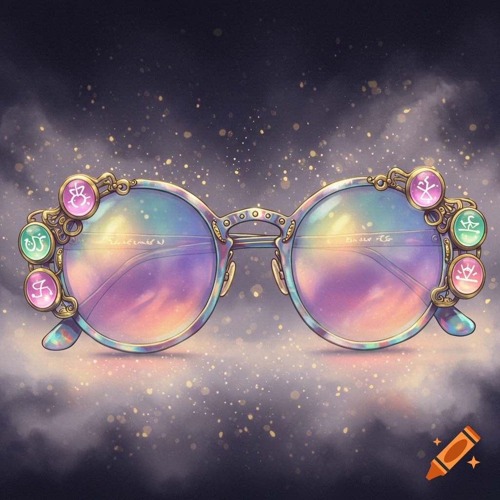 A pair of enchanted, iridescent glasses with ornate gold frames and colorful round charms featuring mystical symbols on the sides, set against a dark, sparkling background.