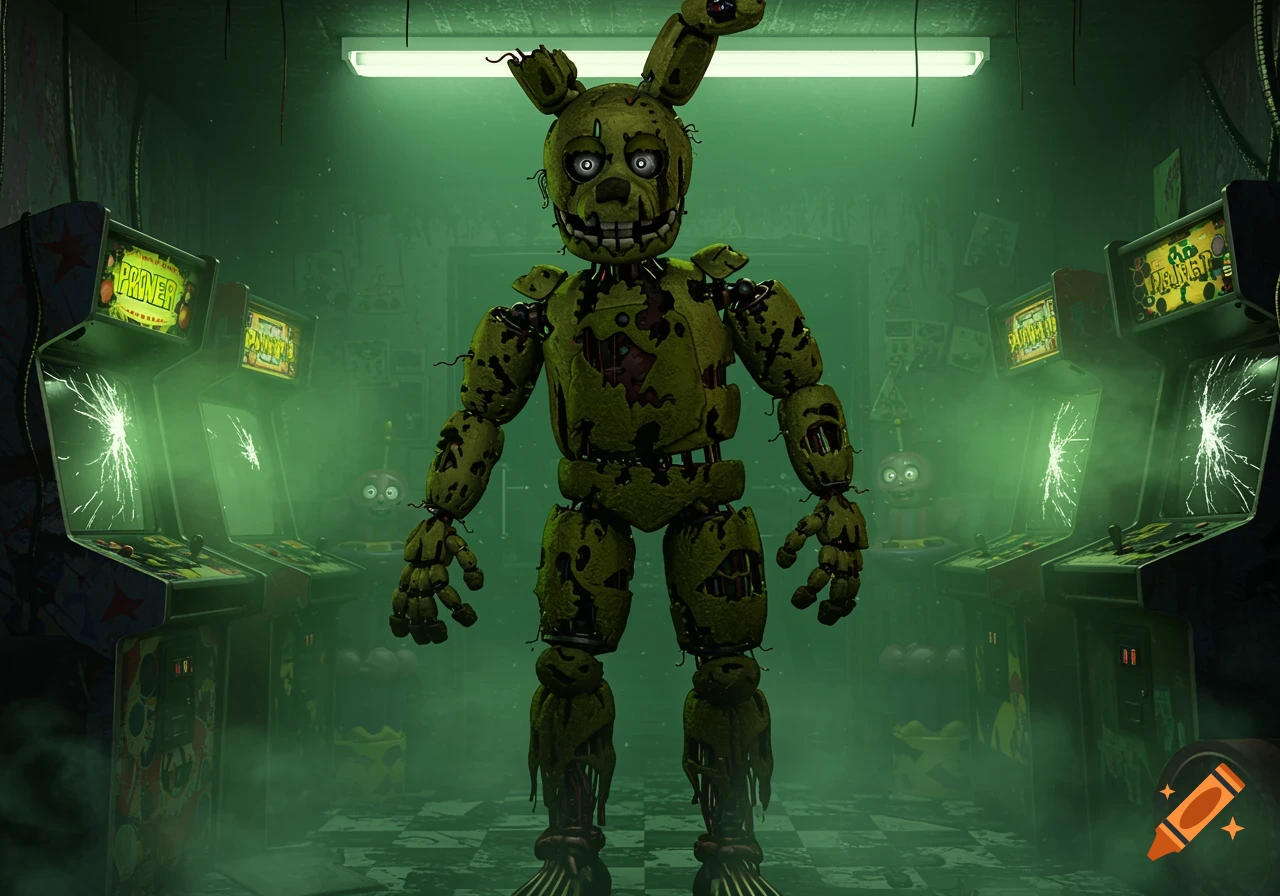 A full-body shot of Springtrap, a decaying green animatronic rabbit with exposed wires and torn parts, stands in a dark, grimy room filled with broken arcade machines, lit by a fluorescent light, with a misty green atmosphere.
