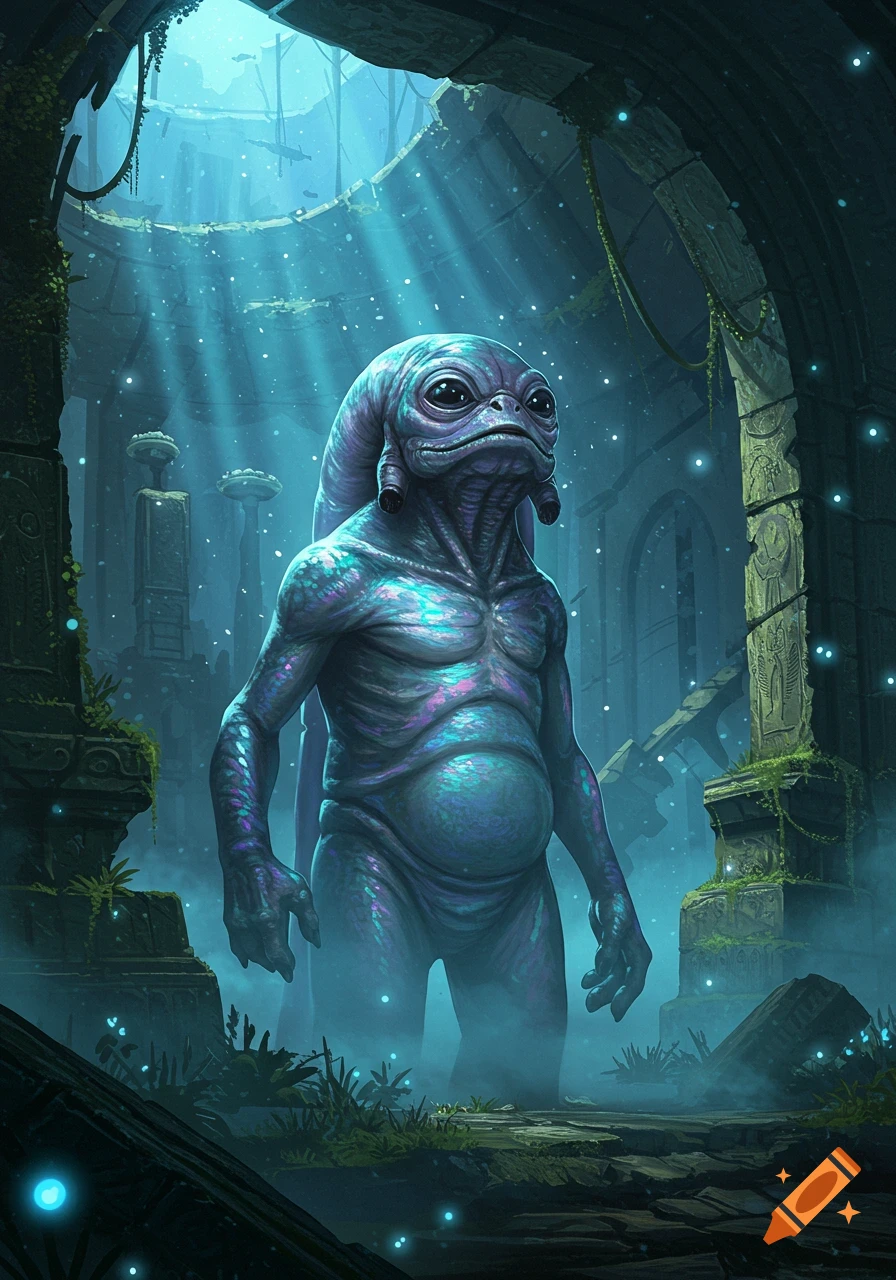 A purple-skinned alien creature stands in ancient, mystical ruins with light beams shining down.