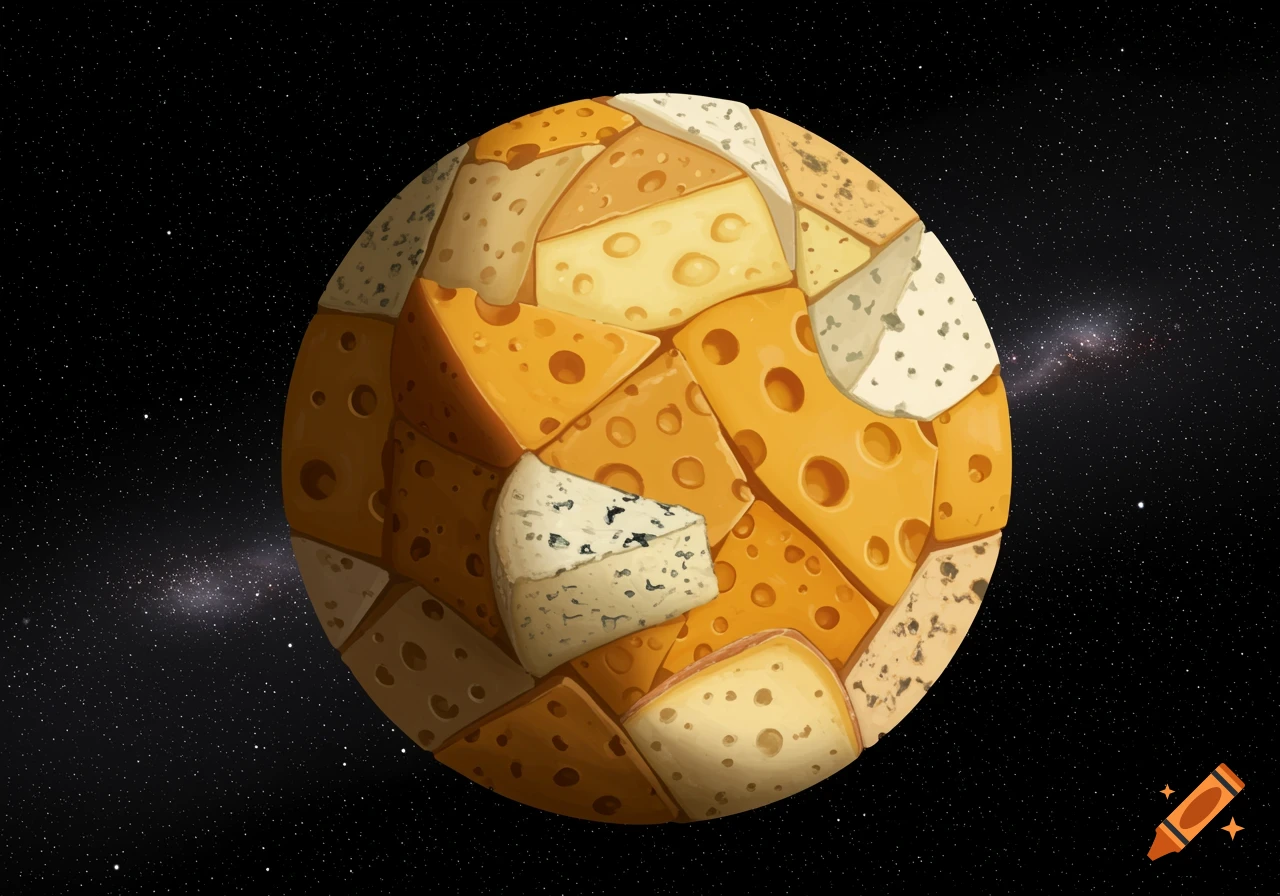 A planet made of various types of cheese, including Swiss and blue cheese, floats in a black starry space. Illustrated style.