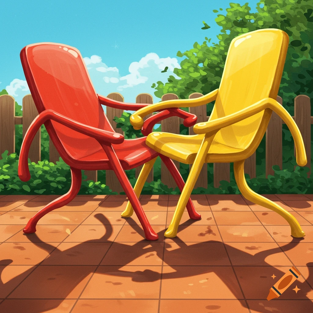A red and a yellow patio chair appear to be fighting on a sunny outdoor patio, in a vibrant illustration style.