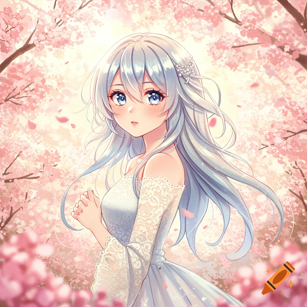 An anime girl with light blue hair and blue eyes wears a white lace dress amidst a pink cherry blossom landscape.