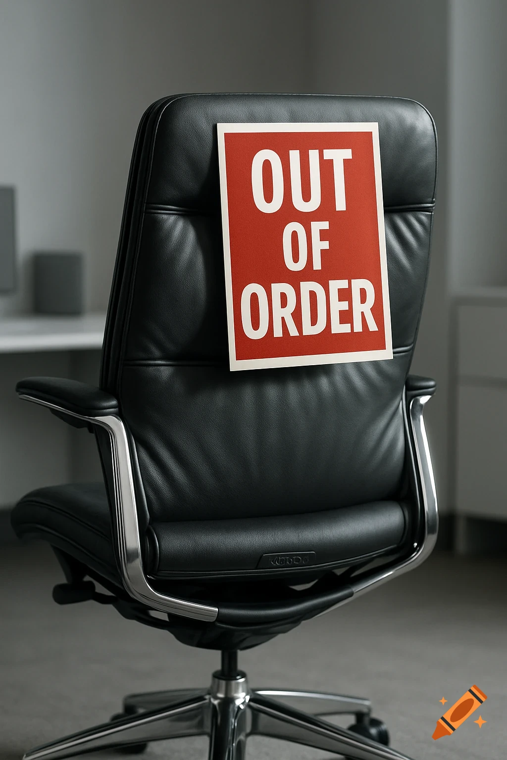 A black leather office chair with a red 'OUT OF ORDER' sign hanging on its back.