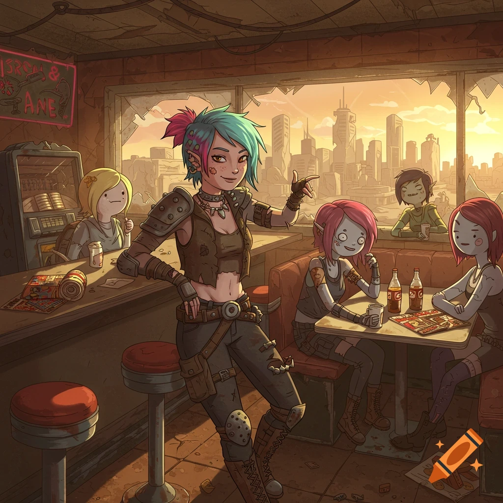 A colorful-haired raider girl in a torn vest stands in a derelict diner with her friends, in the style of Adventure Time.