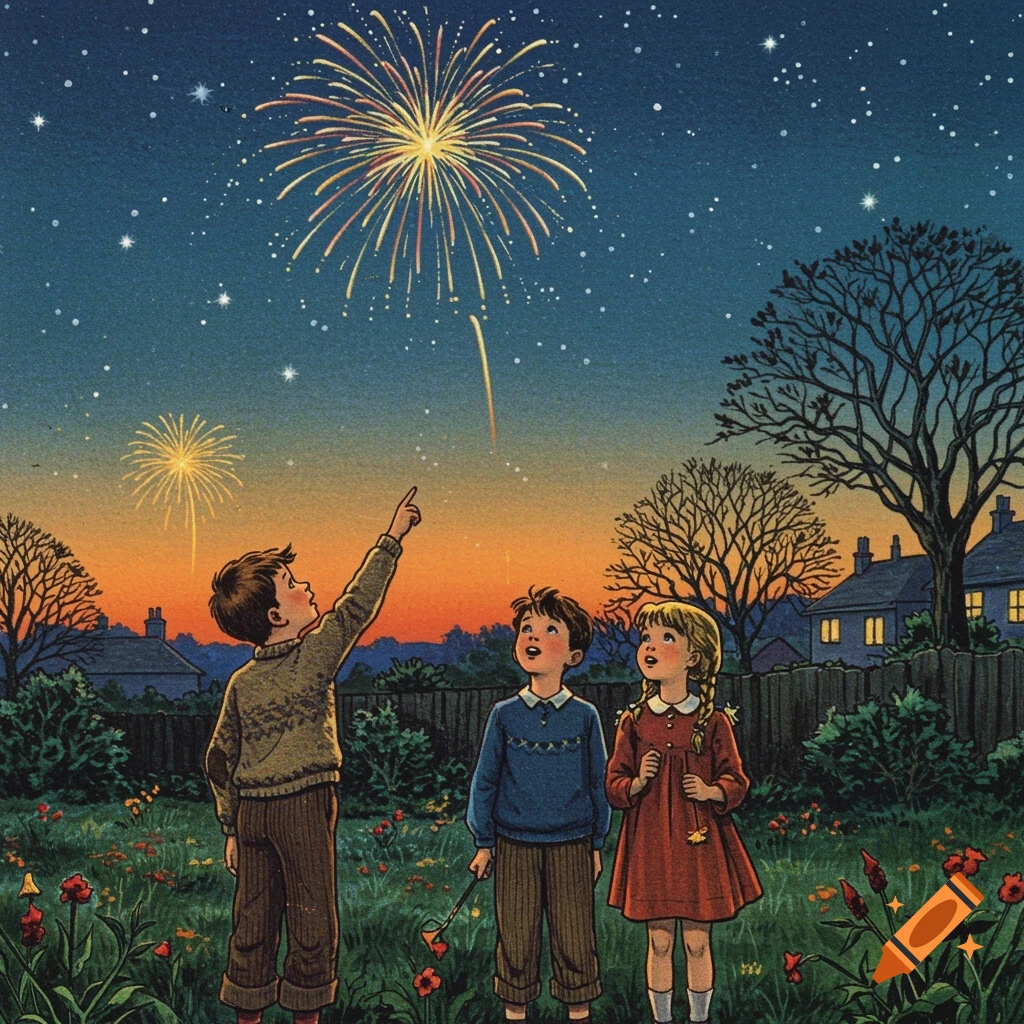 Nostalgic illustration of three children watching fireworks in a garden at dusk, one boy pointing at the sky.