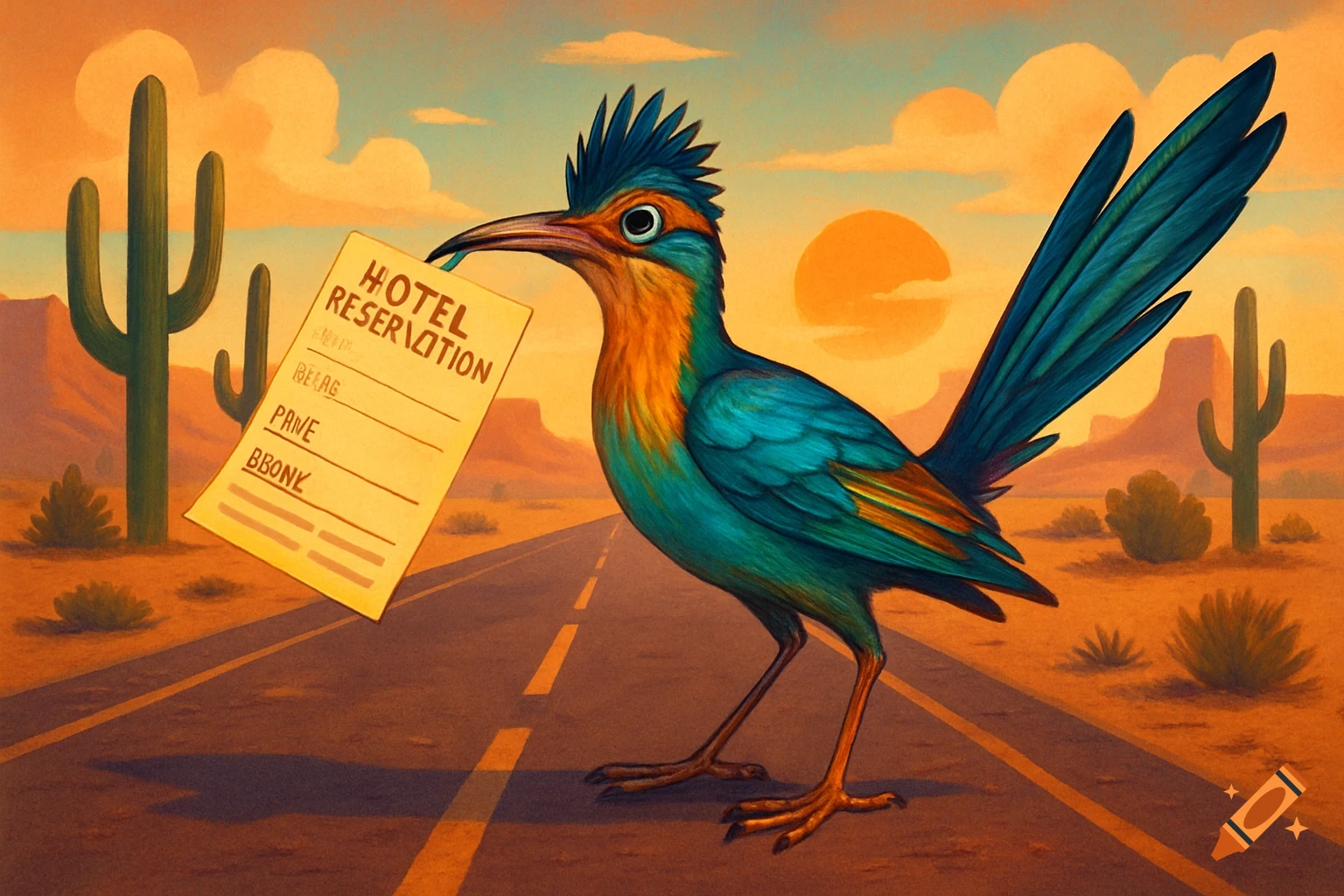 A vibrant cartoon roadrunner stands on a desert road, holding a paper that says "Hotel Reservation" with other garbled text. Saguaro cacti are in the background under an orange sky.