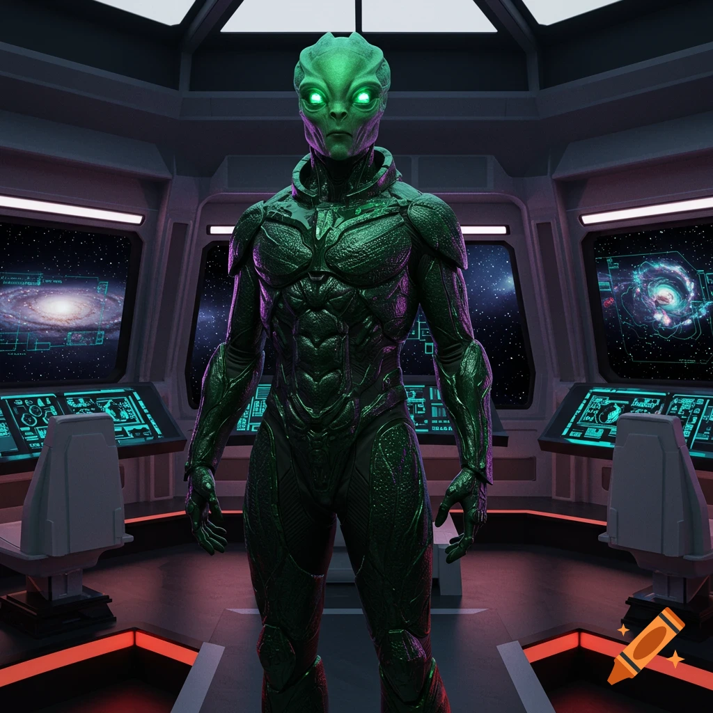 A full-body shot of a tall, muscular green alien in a detailed armored suit with glowing eyes, standing in a futuristic spaceship bridge.