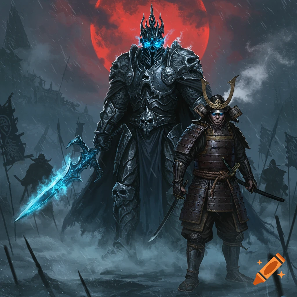 A colossal dark armored figure and a samurai warrior stand together on a rainy battlefield under a red moon, in a detailed fantasy art style.