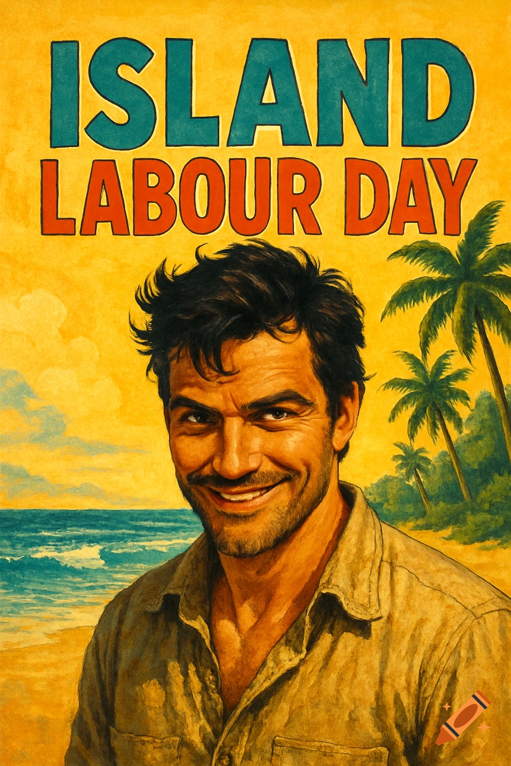 A vintage-style poster showing a smiling man on a tropical beach with palm trees and the title "ISLAND LABOUR DAY".
